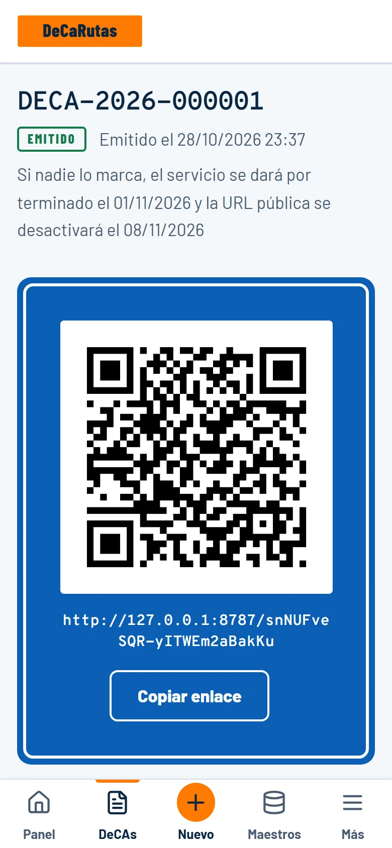 DeCA emitido con su código QR y su enlace público