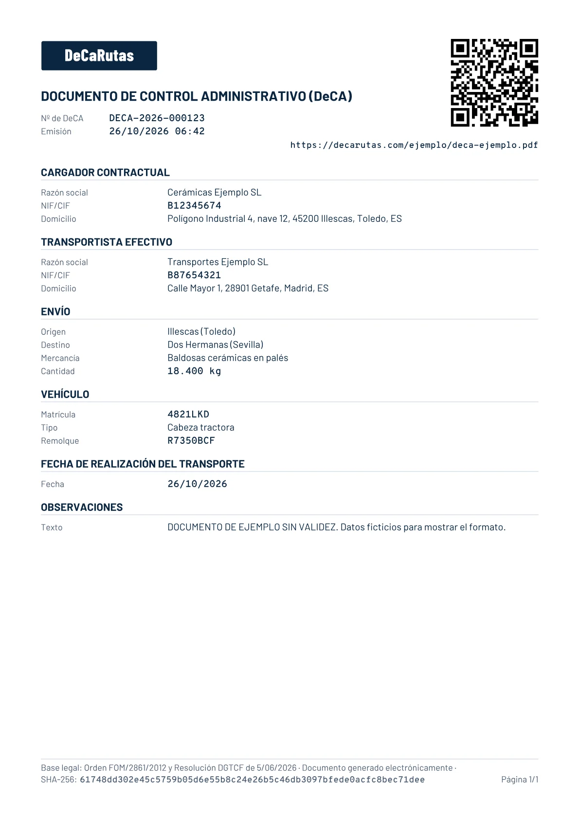 El PDF del DeCA que descarga el inspector